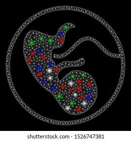 Bright mesh prenatal with glow effect. White wire frame triangular mesh in vector format on a black background. Abstract 2d mesh designed with triangular lines, small circle, colorful flash spots.