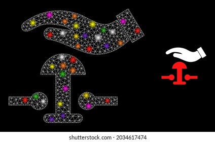 Bright mesh press alarm button constellation icon with lightspots. Illuminated vector constellation based on press alarm button pictogram. Sparkle frame mesh press alarm button on a black background.