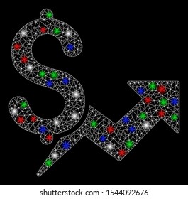Bright mesh price growth with glare effect. White wire carcass triangular mesh in vector format on a black background. Abstract 2d mesh designed with triangular lines, round dots, colored flash spots.