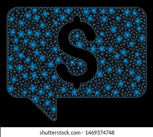 Bright mesh price message with glitter effect. Abstract illuminated model of price message icon. Shiny wire carcass polygonal mesh price message. Vector abstraction on a black background.