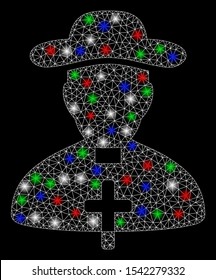 Bright mesh priest with lightspot effect. White wire frame triangular mesh in vector format on a black background. Abstract 2d mesh designed with triangular lines, spheric points,