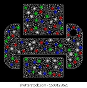 Bright mesh printer with glare effect. White wire carcass triangular mesh in vector format on a black background. Abstract 2d mesh built from triangular lines, spheric points, colored glare spots.