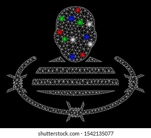Bright mesh prison with glow effect. White wire carcass polygonal mesh in vector format on a black background. Abstract 2d mesh created from polygonal grid, points, colored flare spots.