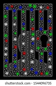 Bright mesh prison locked door with lightspot effect. White wire carcass polygonal mesh in vector format on a black background. Abstract 2d mesh built from polygonal grid, small circle,