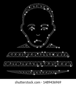Bright mesh prisoner with glare effect. Abstract illuminated model of prisoner icon. Shiny wire frame polygonal mesh prisoner. Vector abstraction on a black background.