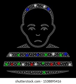 Bright mesh prisoner with glare effect. White wire carcass polygonal network in vector format on a black background. Abstract 2d mesh designed with polygonal grid, small circle, colored glare spots.