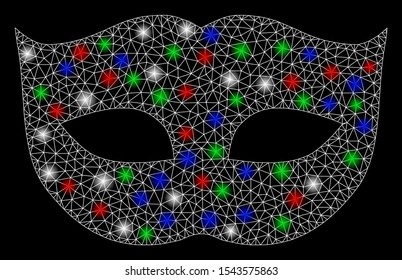 Bright mesh privacy mask with glare effect. White wire frame polygonal mesh in vector format on a black background. Abstract 2d mesh designed with triangles, round dots, colorful glare spots.