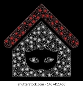 Bright mesh private party house with sparkle effect. Abstract illuminated model of private party house icon. Shiny wire carcass polygonal mesh private party house.