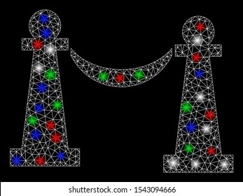 Bright mesh private party stanchions with glow effect. White wire frame polygonal network in vector format on a black background. Abstract 2d mesh designed with polygonal grid, spheric points,