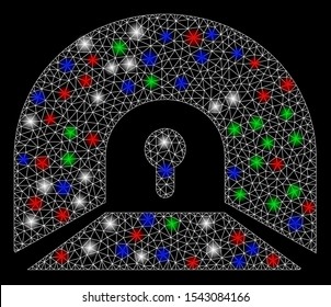 Bright mesh private tunnel with glow effect. White wire frame polygonal mesh in vector format on a black background. Abstract 2d mesh created from polygonal grid, spheric points, colored light spots.