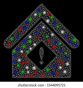 Bright mesh problem building with glare effect. White wire frame triangular mesh in vector format on a black background. Abstract 2d mesh designed with triangular lines, spheric points,