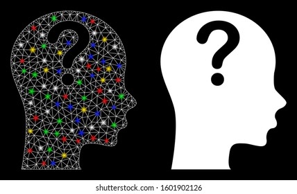Bright mesh problem icon with glare effect. Abstract illuminated model of problem. Shiny wire carcass polygonal mesh problem icon. Vector abstraction on a black background.