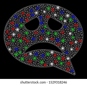 Bright mesh problem smiley message with glow effect. White wire frame triangular mesh in vector format on a black background. Abstract 2d mesh designed with polygonal grid, round dots,