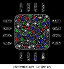 Bright mesh processor with glare effect. White wire frame triangular network in vector format on a black background. Abstract 2d mesh built from triangular lines, dots, colorful glare spots.