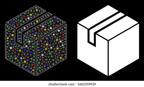 Bright mesh product package box icon with glitter effect. Abstract illuminated model of product package box. Shiny wire carcass polygonal mesh product package box icon.