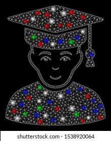 Bright mesh professor with glare effect. White wire carcass polygonal mesh in vector format on a black background. Abstract 2d mesh designed with polygonal grid, round dots, colored glare spots.