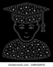 Bright mesh professor with sparkle effect. Abstract illuminated model of professor icon. Shiny wire frame triangular mesh professor. Vector abstraction on a black background.