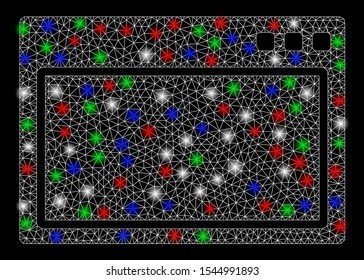 Bright mesh program application with lightspot effect. White wire carcass triangular mesh in vector format on a black background. Abstract 2d mesh designed with triangular lines, spheric points,