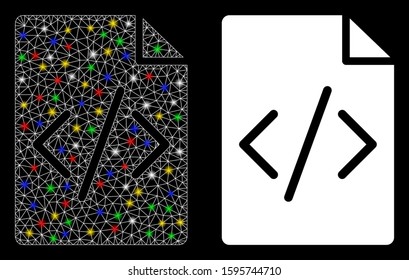 Bright mesh programming script page icon with glare effect. Abstract illuminated model of programming script page. Shiny wire carcass polygonal mesh programming script page icon.
