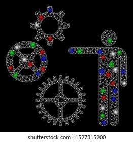 Bright mesh project mechanics with glow effect. White wire frame polygonal mesh in vector format on a black background. Abstract 2d mesh designed with polygonal grid, round dots, colorful glare spots.