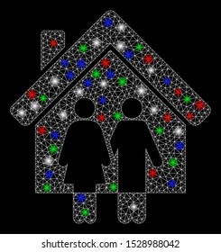 Bright mesh property with glare effect. White wire frame polygonal mesh in vector format on a black background. Abstract 2d mesh designed with triangular lines, dots, colored glare spots.