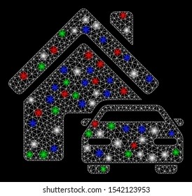 Bright mesh property with glow effect. White wire frame triangular mesh in vector format on a black background. Abstract 2d mesh designed with triangular lines, points, colored flare spots.