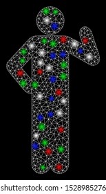 Bright mesh proposal pose with glow effect. White wire carcass triangular mesh in vector format on a black background. Abstract 2d mesh designed with polygonal grid, dots, colored glare spots.