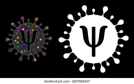 Bright mesh Psi virus strain constellation icon with lightspots. Illuminated vector constellation based on Psi virus strain icon. Sparkle carcass mesh Psi virus strain on a black background.