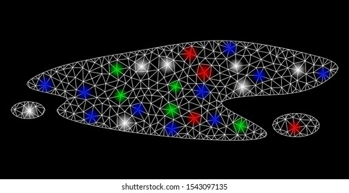 Bright mesh puddle with glare effect. White wire carcass triangular mesh in vector format on a black background. Abstract 2d mesh created from triangular lines, round dots, colored glare spots.