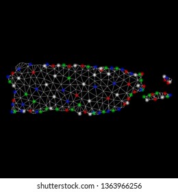 Bright mesh Puerto Rico map with glare effect. Wire frame polygonal mesh in vector format on a black background. Abstract 2d mesh designed with polygonal grid, points, colorful flare spots.