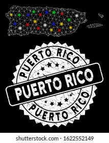 Bright mesh Puerto Rico map with lightspot effect, and seal stamp. Wire carcass polygonal Puerto Rico map mesh in vector format on a black background. White round stamp with dirty texture.