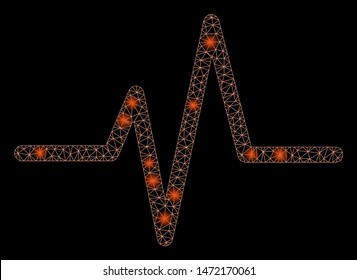 Bright mesh pulse with glare effect. Abstract illuminated model of pulse icon. Shiny wire carcass polygonal mesh pulse. Vector abstraction on a black background.
