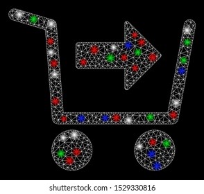 Bright mesh purchase cart with glow effect. White wire frame polygonal network in vector format on a black background. Abstract 2d mesh designed with polygonal grid, spheric points,