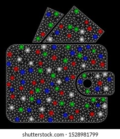 Bright mesh purse with glare effect. White wire carcass polygonal mesh in vector format on a black background. Abstract 2d mesh designed with triangular lines, spheric points, colored flash spots.