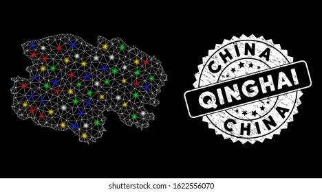 Bright mesh Qinghai Province map with glow effect, and seal stamp. Wire carcass polygonal Qinghai Province map network in vector format on a black background. White round seal with dirty texture.