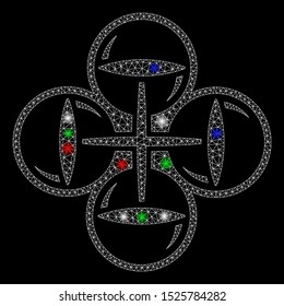 Bright mesh quadcopter flight with lightspot effect. White wire carcass polygonal mesh in vector format on a black background. Abstract 2d mesh designed with triangles, small circle,