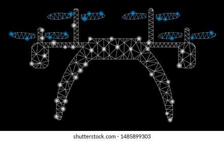 Bright mesh quadcopter with glow effect. Abstract illuminated model of quadcopter icon. Shiny wire frame polygonal mesh quadcopter. Vector abstraction on a black background.