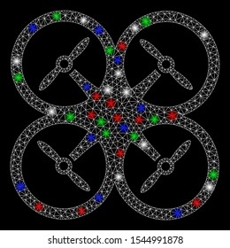 Bright mesh quadcopter with glow effect. White wire frame triangular mesh in vector format on a black background. Abstract 2d mesh designed with triangular lines, spheric points, colorful flare spots.