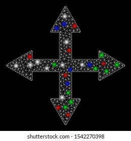 Bright mesh quadro arrows with glow effect. White wire frame triangular mesh in vector format on a black background. Abstract 2d mesh designed with triangular lines, dots, colorful flash spots.