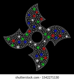 Bright mesh quadro Ninja Star with glare effect. White wire carcass polygonal mesh in vector format on a black background. Abstract 2d mesh designed with triangular lines, spheric points,