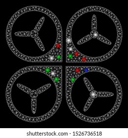 Bright mesh quadrotor with glow effect. White wire carcass polygonal mesh in vector format on a black background. Abstract 2d mesh designed with polygonal grid, dots, colored flare spots.