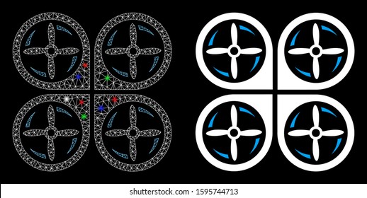 Bright mesh quadrotor screws rotation icon with glare effect. Abstract illuminated model of quadrotor screws rotation. Shiny wire frame polygonal mesh quadrotor screws rotation icon.