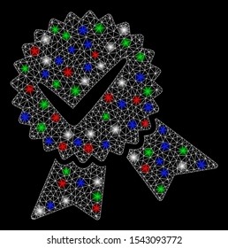 Bright mesh quality with glare effect. White wire frame polygonal mesh in vector format on a black background. Abstract 2d mesh created from polygonal grid, points, colored glare spots.