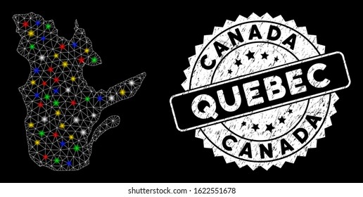 Bright mesh Quebec Province map with glare effect, and stamp. Wire frame polygonal Quebec Province map mesh in vector format on a black background. White round seal stamp with dirty surface.