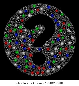 Bright mesh question with glare effect. White wire carcass triangular mesh in vector format on a black background. Abstract 2d mesh designed with triangles, spheric points, colorful glare spots.