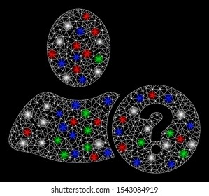 Bright mesh question with glow effect. White wire carcass triangular mesh in vector format on a black background. Abstract 2d mesh designed with triangular lines, spheric points, colored flash spots.