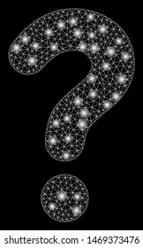 Bright mesh question with sparkle effect. Abstract illuminated model of question icon. Shiny wire frame triangular mesh question. Vector abstraction on a black background.