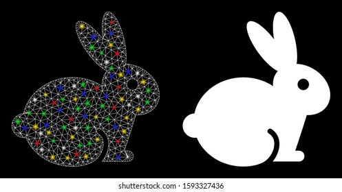 Bright mesh rabbit icon with glare effect. Abstract illuminated model of rabbit. Shiny wire frame polygonal network rabbit icon. Vector abstraction on a black background.