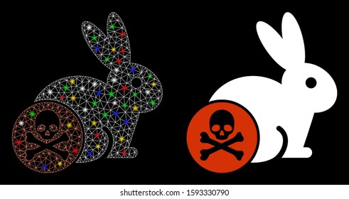 Bright mesh rabbit toxin icon with glow effect. Abstract illuminated model of rabbit toxin. Shiny wire carcass triangular mesh rabbit toxin icon. Vector abstraction on a black background.