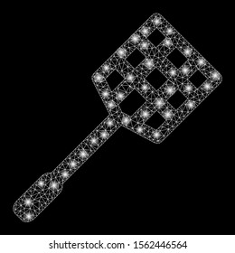 Bright mesh racket with glow effect. Abstract illuminated model of racket icon. Shiny wire carcass triangular mesh racket. Vector abstraction on a black background.